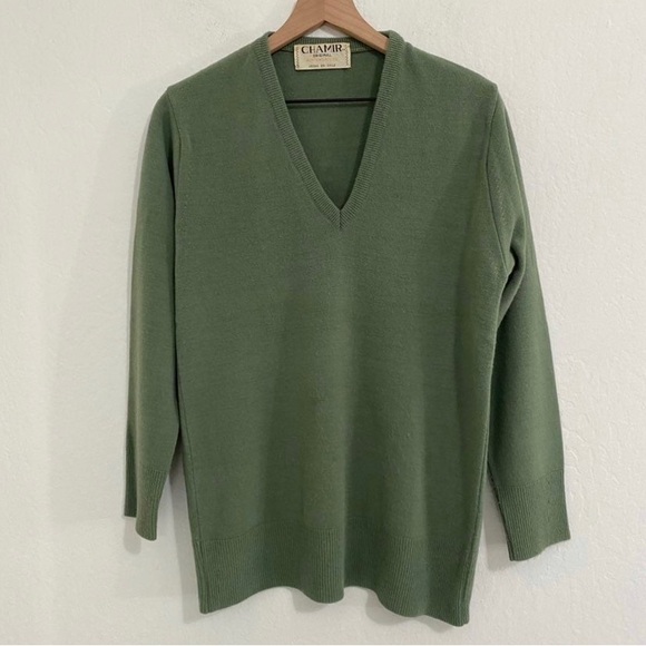 Chamir Original Vintage Men's 48 Green Deep V Neck Knit Sweater - Picture 1 of 7